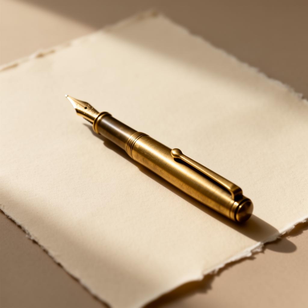 Brass fountain pen on cream paper
